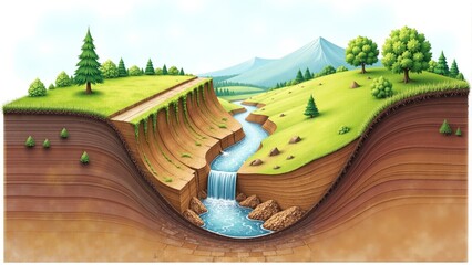 Serene river flowing through layered cliffs in a lush, green valley under a clear blue sky