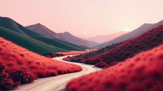 Vibrant crimson hills and valleys invite serenity in a dreamy landscape amidst misty mountains