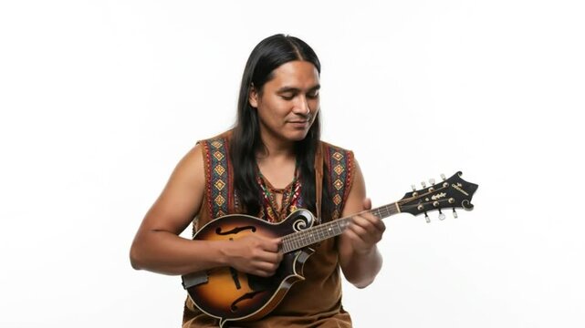 Man plays mandolin adorned in ethnic clothing
