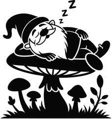 Silhouette Sleeping gnome with a pointed hat resting on a mushroom surrounded by smaller mushrooms and plants vector 