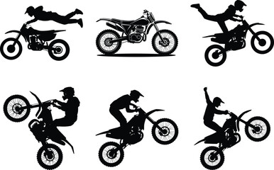Obraz premium Dirt Bike Silhouette vector black on white background, Set of Dirt Bike SVG isolated Art. Motocross rider graphic illustration.