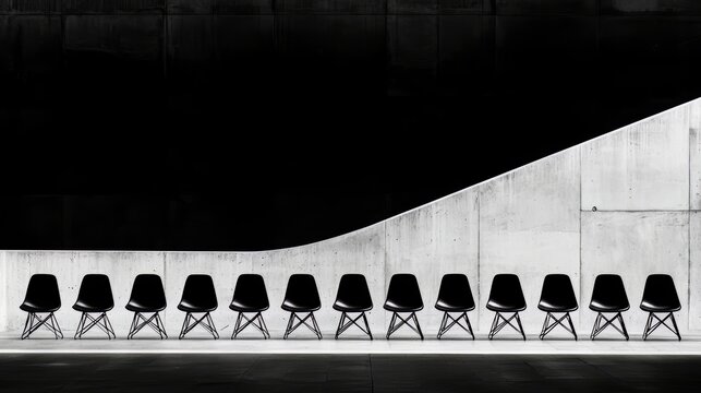 Row of chairs are lined up against a wall. The chairs are all black and there are a total of 14 chairs. The chairs are arranged in a straight line, with some chairs placed closer to the wall