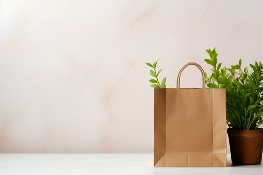 Brown paper shopping bag with green plant promoting sustainability and eco conscious consumerism - Powered by Adobe
