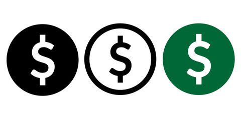 Flat minimalist Dollar sign icon set in vector EPS 10, including multiple styles such as outline, filled, and flat designs, isolated on white background for finance, business, and currency concepts.