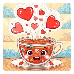 Adorable Heart Characters and Expressive Love Cups Overflowing with Emoticons and Colorful Joy — Ideal for Valentine’s Day, Romance, Digital Stickers, Greeting Cards, and Whimsical Art Projects
