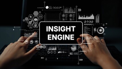 Hands Typing on Laptop with Data Metrics and Insight Engine Visualization on Screen for Business...