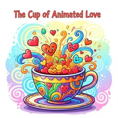 Adorable Heart Characters and Expressive Love Cups Overflowing with Emoticons and Colorful Joy — Ideal for Valentine’s Day, Romance, Digital Stickers, Greeting Cards, and Whimsical Art Projects