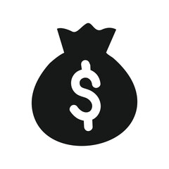 Simple black silhouette of a money bag with a dollar sign isolated on white background.
