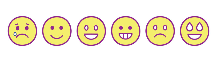A vibrant set of emoji adorned with cheerful, smiling faces and colorful ribbons, emotion icons, angry face, sad face, smiling face, winking face, surprised face, grinning face