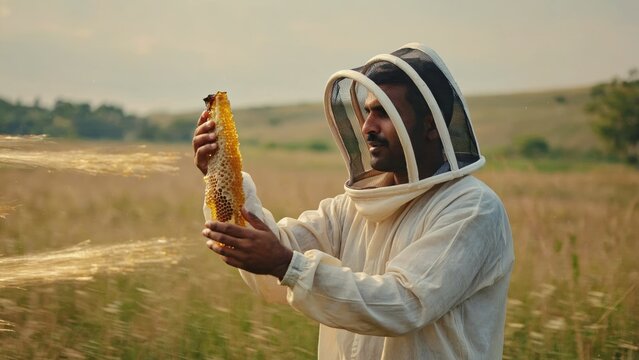 Asian male beekeeper examining honeycomb in field