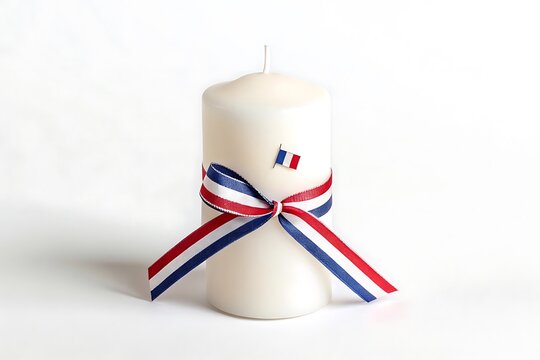 White candle with french flag ribbon and bow isolated on white background