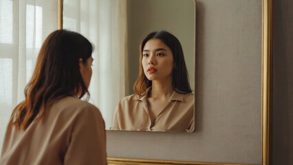 Asian female young adult reflecting in mirror in minimalist room interior