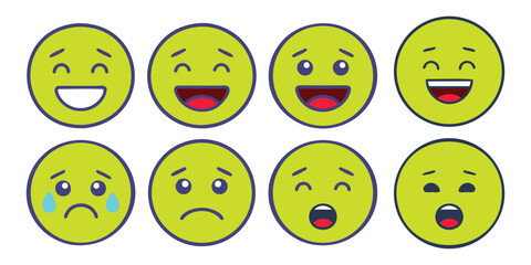A vibrant set of emoji featuring cheerful, expressive faces, emoji faces, emoticons, emoji set, expressive cartoon faces, a variety of facial expressions, different emotions, happy, sad, surprised