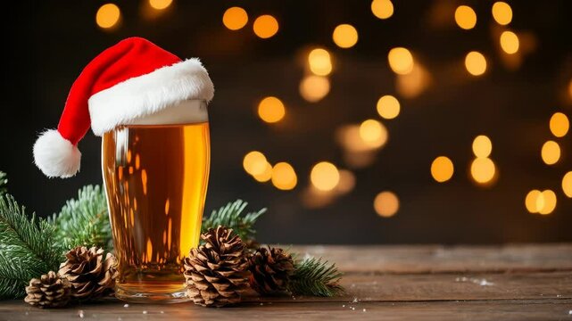 Christmas Beer with Santa Hat - A pint of light beer sits on a rustic wooden table, adorned with a Santa hat and surrounded by pine branches and pine cones.