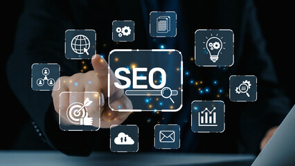SEO concept for improving SEO visibility, with SEO related digital tools and SEO performance icons shown in an focused layout for strategic marketing. Elide
