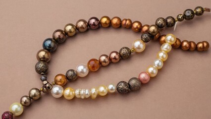Obraz premium Elegant assortment of metallic and pearl beads on neutral background