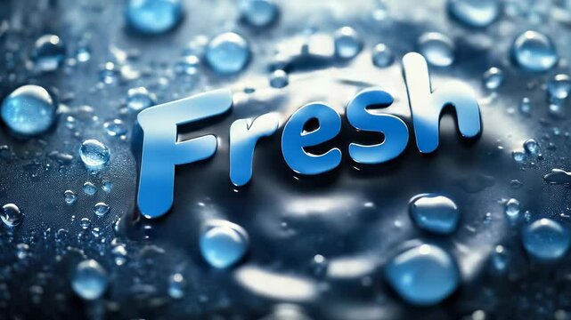 Embrace fresh: gentle droplets fall around glowing letters spelling Fresh, evoking a calm yet powerful visual metaphor of freshness, hydration, purity, and emotional renewal