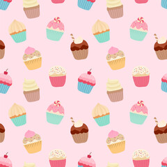 Seamless pattern with cute cupcakes on a pastel pink background. Sweet dessert illustration