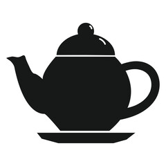 Simple black silhouette of a classic teapot with a lid and handle isolated on white background.