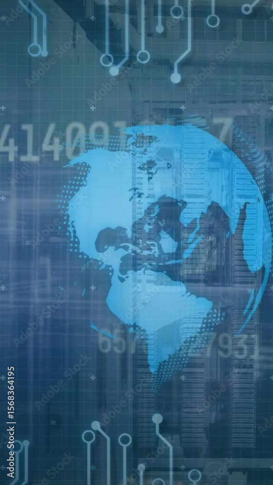 Poster animation of globe, graph, circuit board pattern and changing numbers over data server system