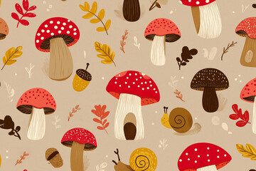 Colorful mushrooms and snails seamless pattern on beige autumn background