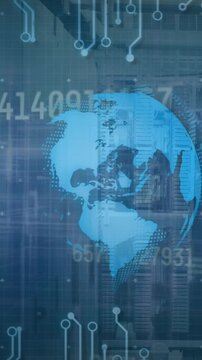 Animation of globe, graph, circuit board pattern and changing numbers over data server system