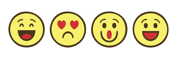 Fototapeta premium A vibrant vector illustration features a set of joyful emojis, each with a cheerful, expressive smiley face, smiley face emoticons, different facial expressions, cartoon style, simple flat design,