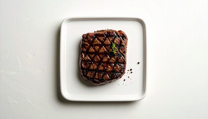grilled steak on a white square plate