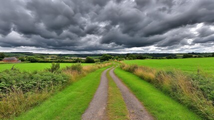Obraz premium A rural dirt road winds through lush green fields under a dramatic cloudy sky