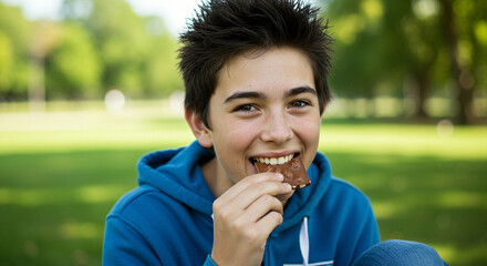 Joyful Teenager Enjoying Chocolate in a Sunlit Park, Captured in a Vibrant, Candid Moment with a Blue Hoodie and Lush Green Bac...