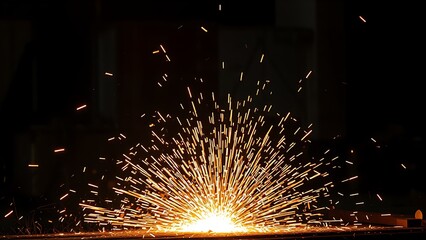 An industrial workshop with glowing sparks, showcasing dynamic energy in a dark environment.