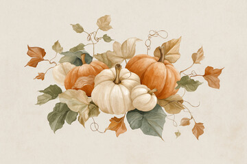Autumn pumpkins and leaves watercolor illustration in beige and orange