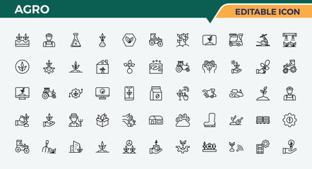 Agro icon set. Agriculture icon set. Minimal icons pack. Includes thin line symbols plant, land, farming, harvest and more. Pixel perfect. Editable vector.