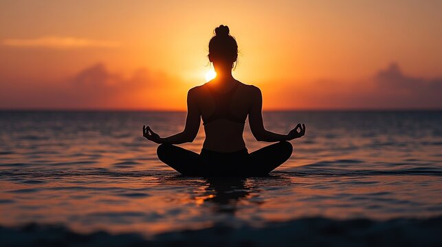 Sunset beach yoga silhouette, no facial features visible. Serene minimalist design for fitness apps, meditation posters, travel promotions, or wellness social media content. Natural raw style.