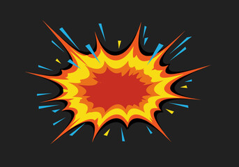 Cartoon Explosion with Red Yellow and Blue Elements on Dark Background.