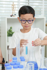 Asian elementary school boy wearing glasses working with test tube and pipette during science class...