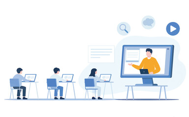 Students attending an online class with a teacher presenting on a large computer screen isolated on white background