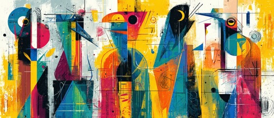 Vibrant abstract painting with geometric shapes and bold colors in a modern art style, creating a dynamic and eyecatching visual texture