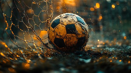 Soccer ball striking muddy goal net forcefully images