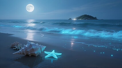 Moonlit Shore of the Singing Tides A wide-angle shot of a quiet magical beach under a full moon.