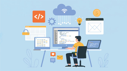 Programmer working on multiple computers with cloud computing and coding symbols isolated on white background