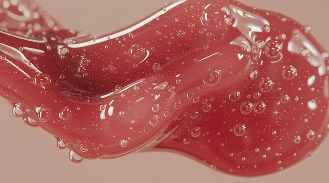 Viscous gel-like substance with bubbles and a glossy texture, flowing smoothly against a soft pink background, showcasing the unique properties of cosmetic formulations and their applications