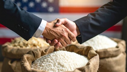 Two businessmen shaking hands, rice sacks and the US flag in the background. Symbolizing international cooperation.