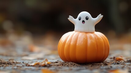 Ghost Stands on Pumpkin Halloween Decoration Autumn Scene