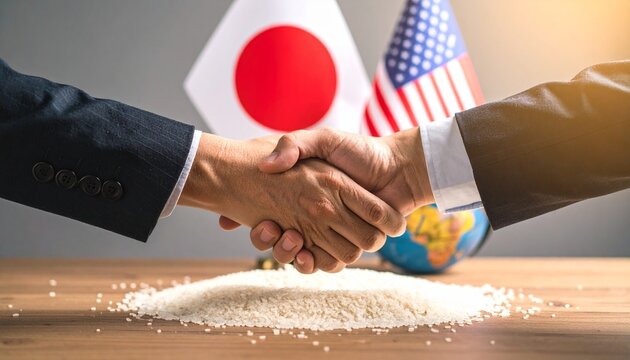 Two hands in a handshake, in front of Japan and US flags and rice