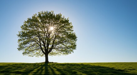 Obraz premium Sunburst Through the Canopy: A Solitary Tree on a Grassy Hill Under a Clear Sky