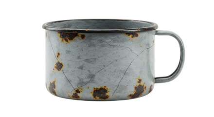 Vintage metal cup with rustic patina and scattered rust spots  