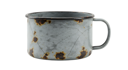 Vintage metal cup with rustic patina and scattered rust spots  
