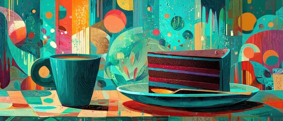 Colorful abstract painting of coffee cup and chocolate cake slice on a plate Concept of sweet indulgence, artistic expression, and vibrant cafe culture