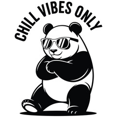 Kawaii silhouette of cool panda with mirrored sunglasses and chill vibes text on white background